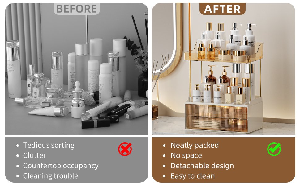 save space-Bathroom Large Capacity Makeup Countertop Organizer with 2 Drawers,