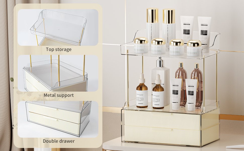 product details-Bathroom Large Capacity Makeup Countertop Organizer with 2 Drawers,